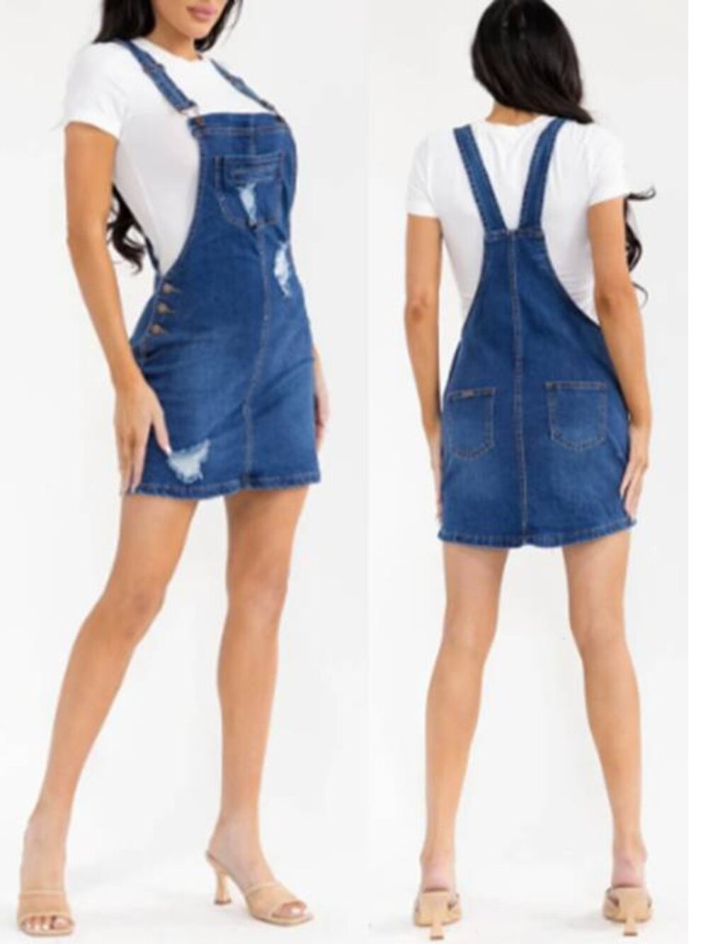 Women's Distressed Denim Mini Overall Skirt Soft Stretch Cotton Adjustable Strap